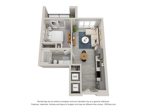 Floor plan for 1 bed, 1 bath, 581 sqft